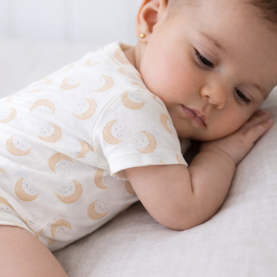 Body bebé manga corta estampado luna en algodón orgánico pima peruano | Ecobebé