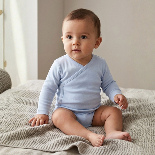 Body kimono bebé celeste algodón orgánico pima peruano — Ecobebé