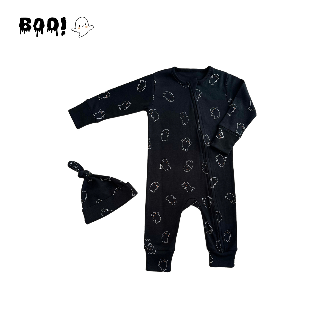 Set enterizo y gorro Halloween bebé, diseño Boo, algodón orgánico | Ecobebé